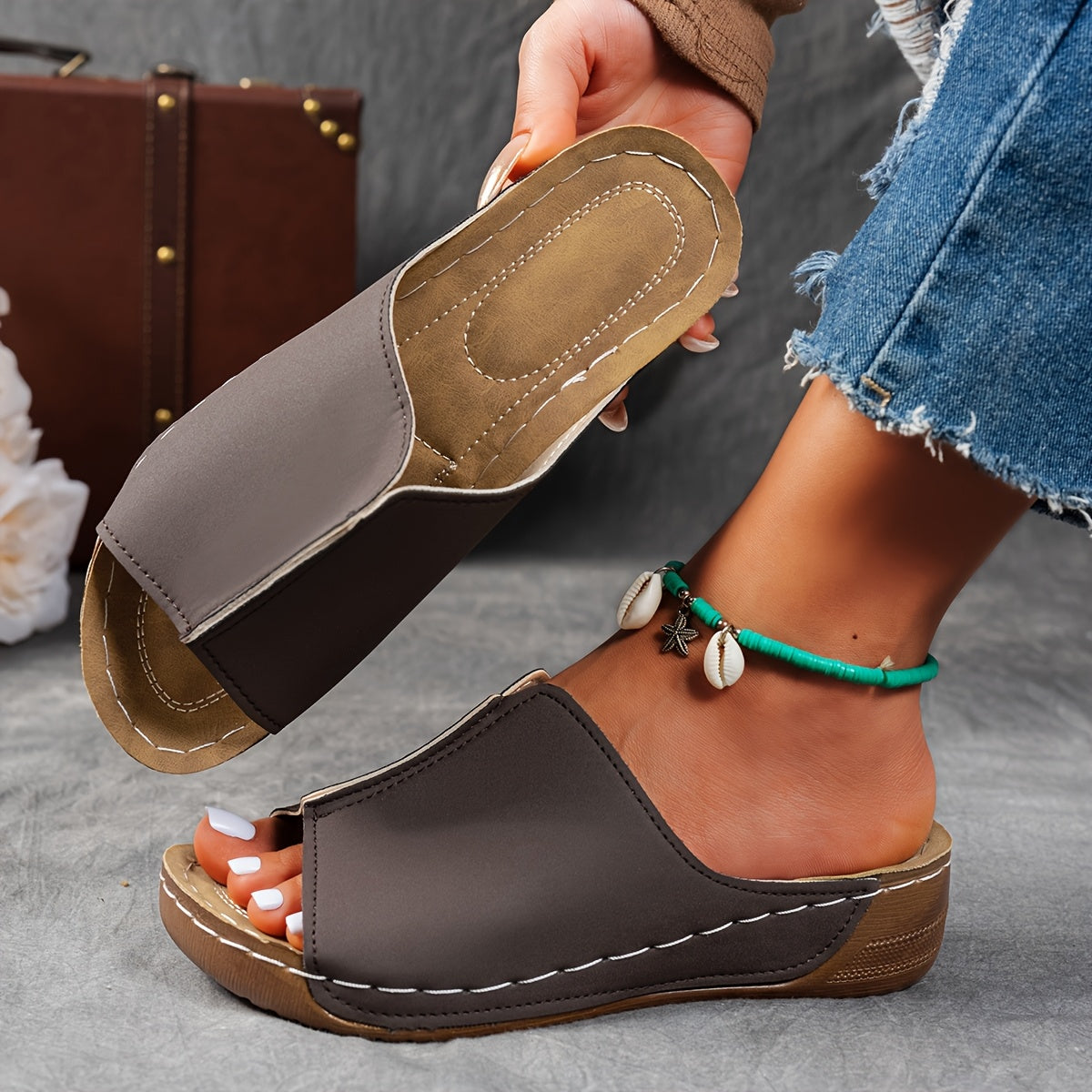 Women's Black and Brown Cork Slide Sandals Open Toe Casual Summer Shoes