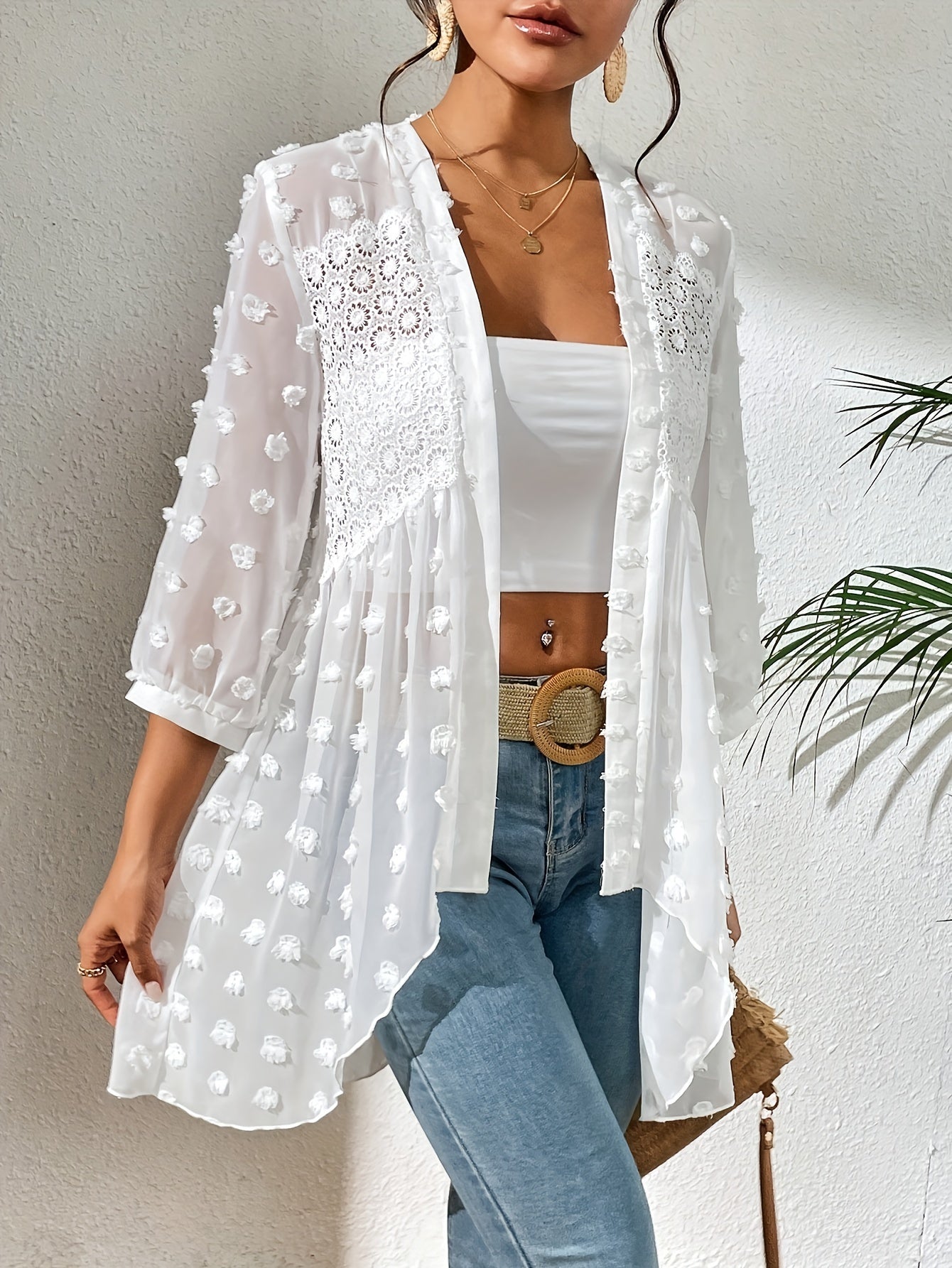 Women's Sheer Swiss Dot Open Front Cardigan Long Sleeve Polyester Summer