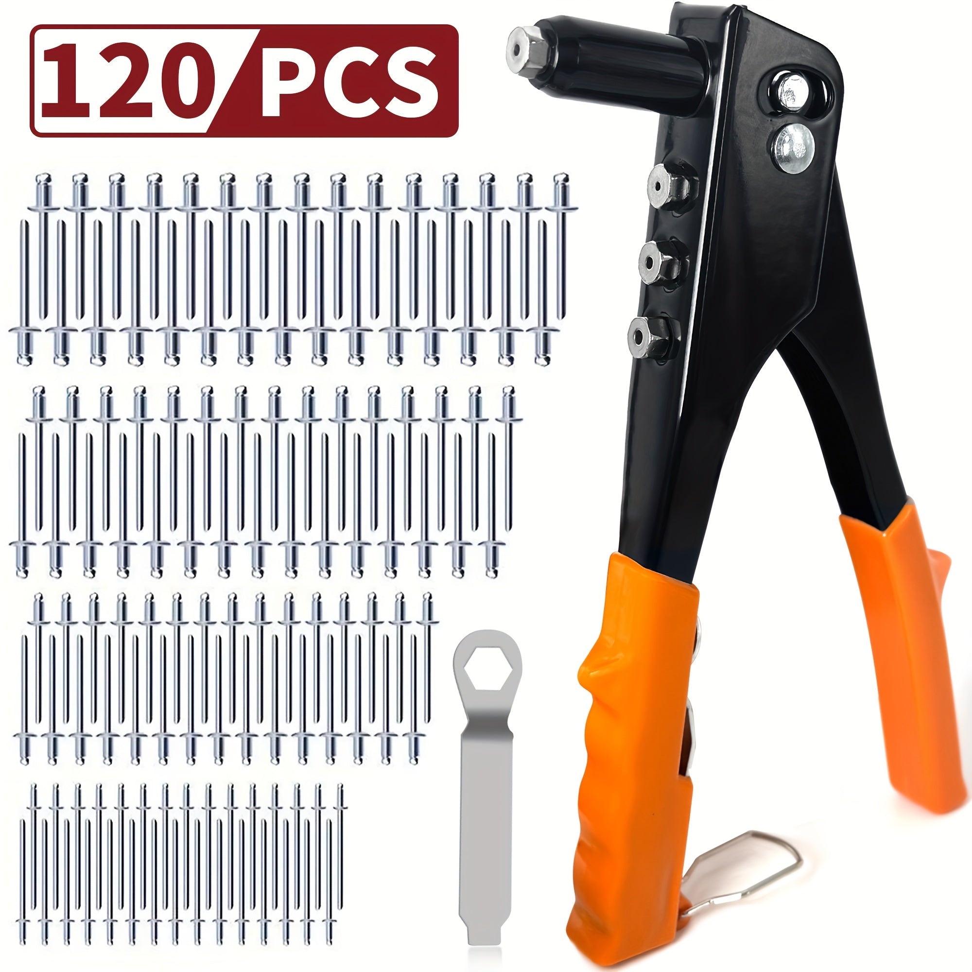 Тяжелый ручной заклепочник с 4 насадками и 120 заклепками для металла, пластика, кожи