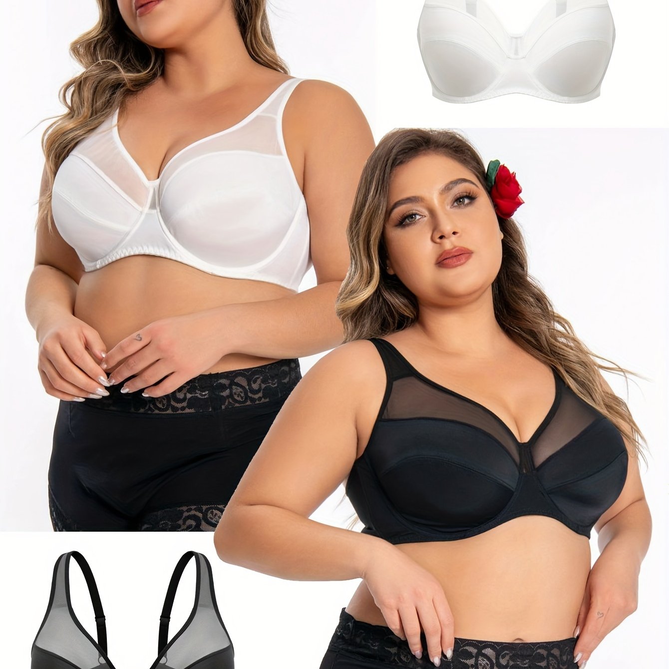 Plus Size Elegant Bras for Women Full Coverage Underwire Non Padded Contrast Mesh