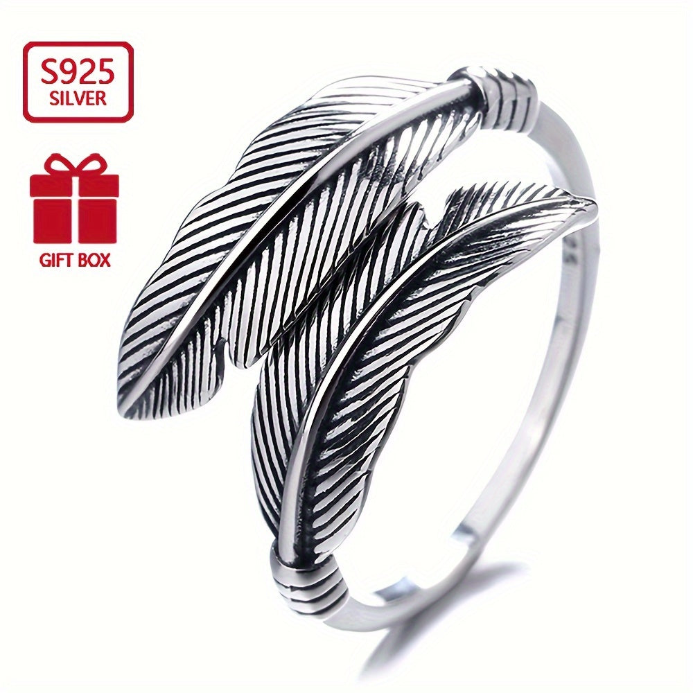 Sterling Silver Ring Vintage Ginkgo Feather Design Elegant Jewelry for Women