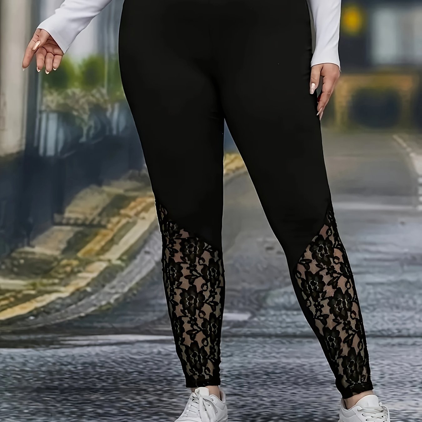 Women's Plus Size Lace Panel Leggings High-Waisted Knit All-Season Pants