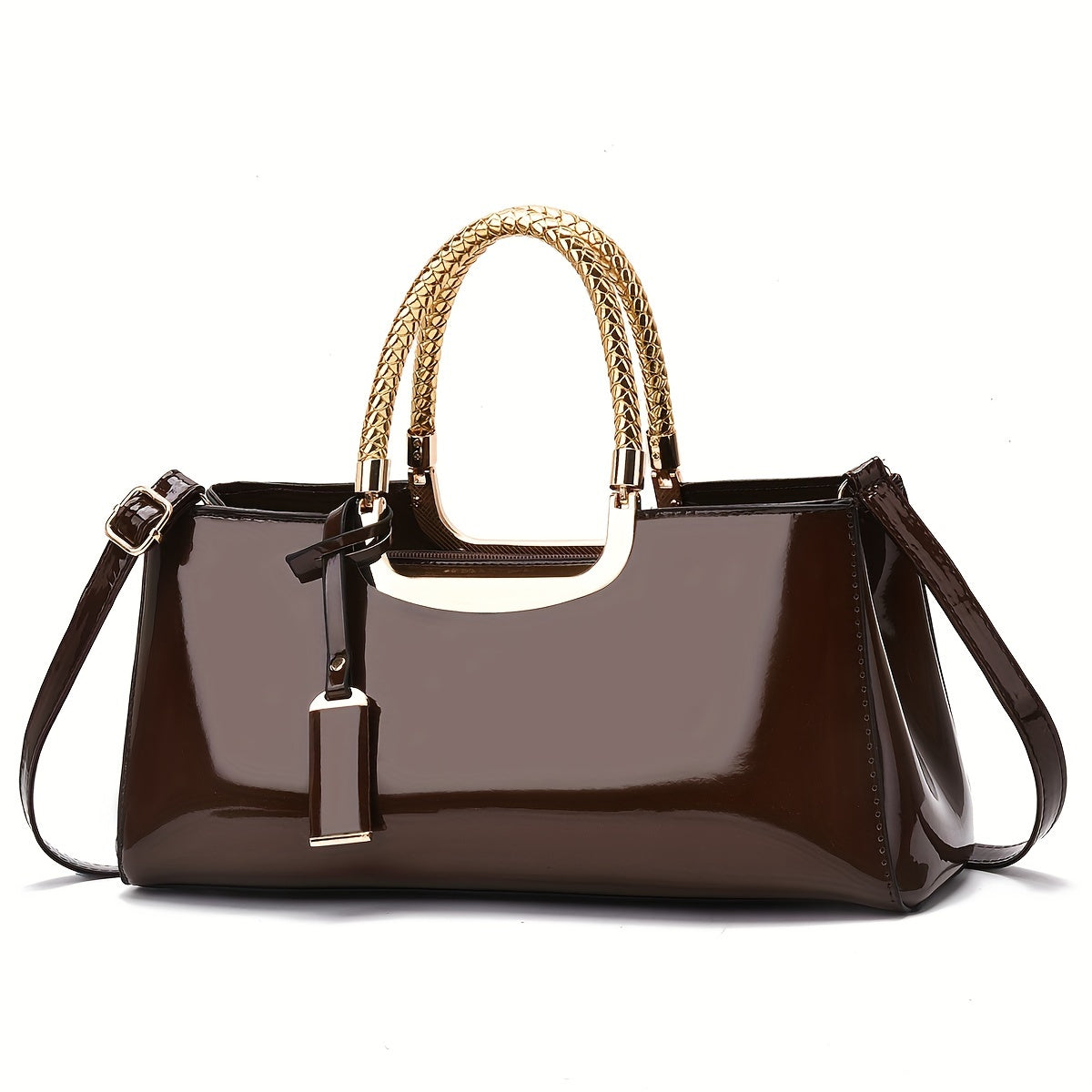 Qora patent charmli kechki sumka, oltin detallari va ajraladigan yelka askisi bilan, rasmiy tadbirlar uchun