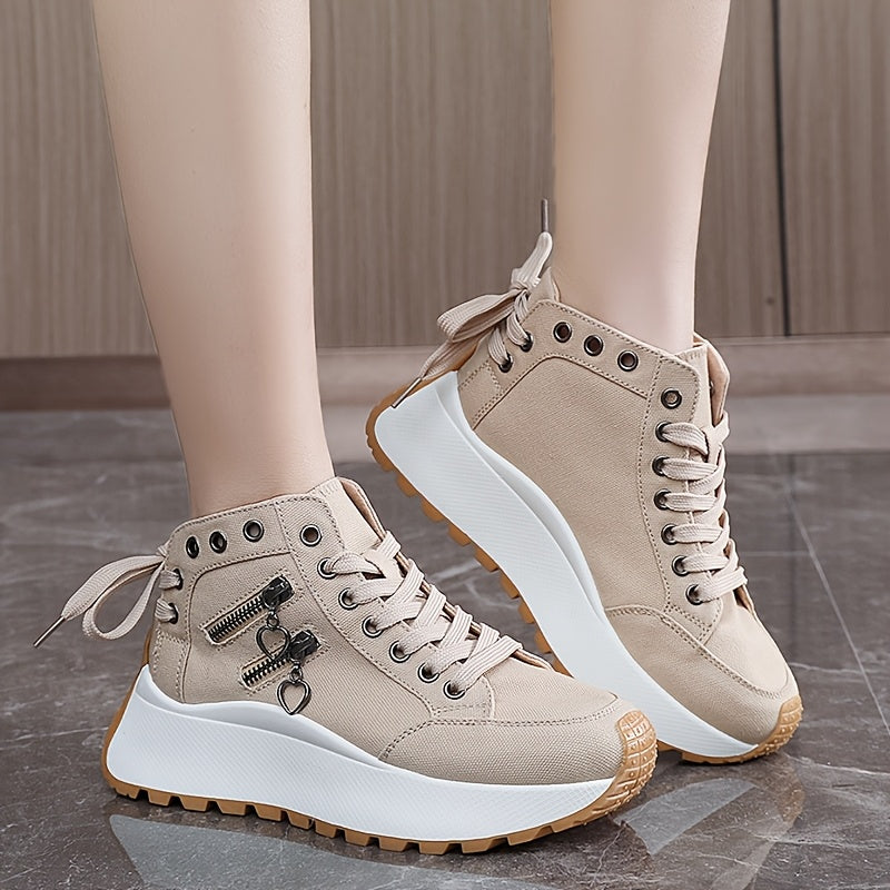 Women's High-Top Sneakers with Platform Sole, Breathable Fabric, Zipper Closure