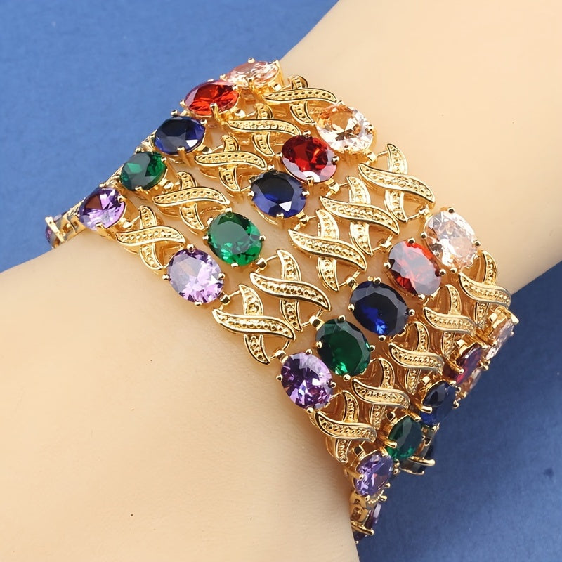 Women's Tennis Bracelet with Multicolor Cubic Zirconia in 18K Gold Plating Elegant Copper Link Chain