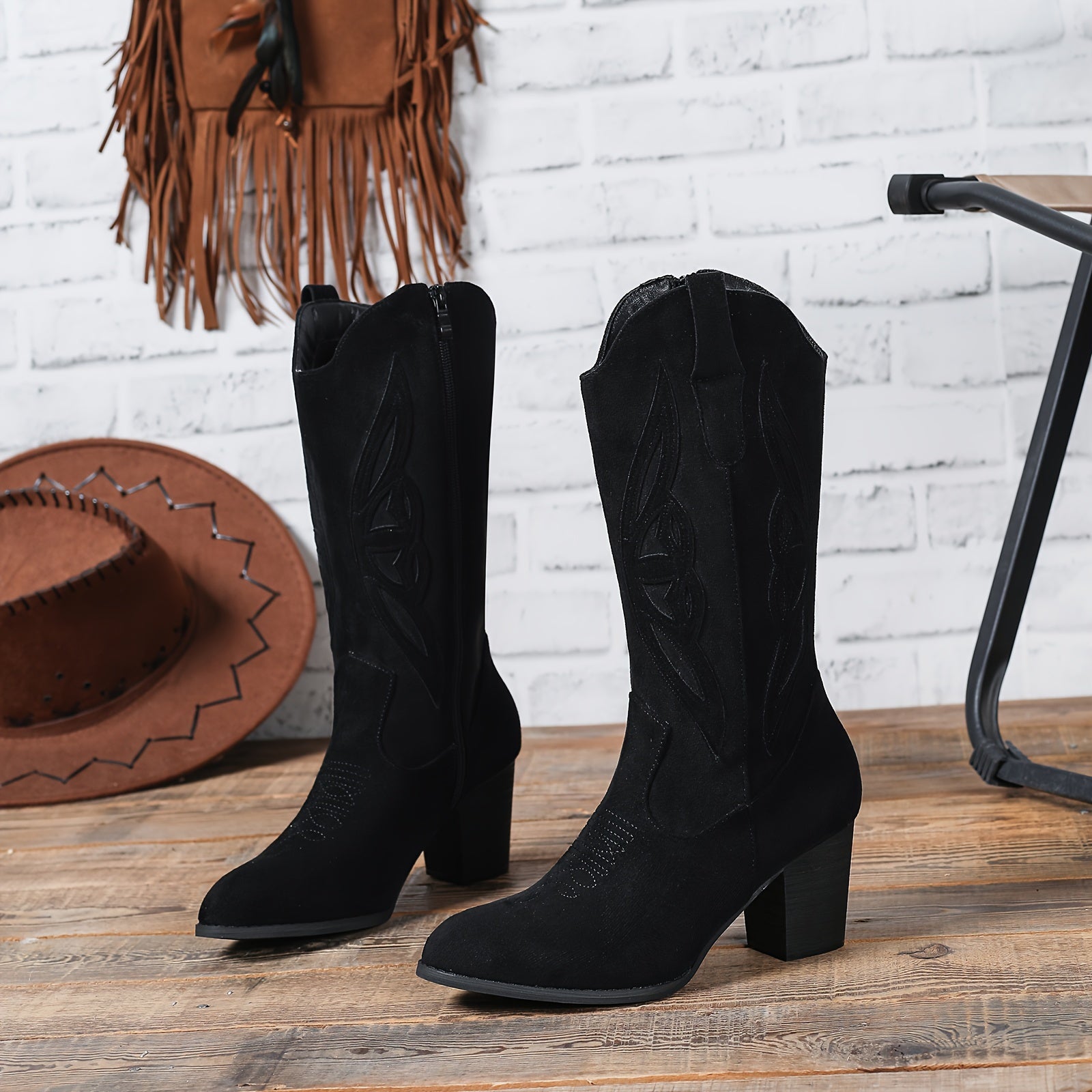 Women's Leather Mid-Calf Boots with Chunky Heel Pointed Toe Winter Style