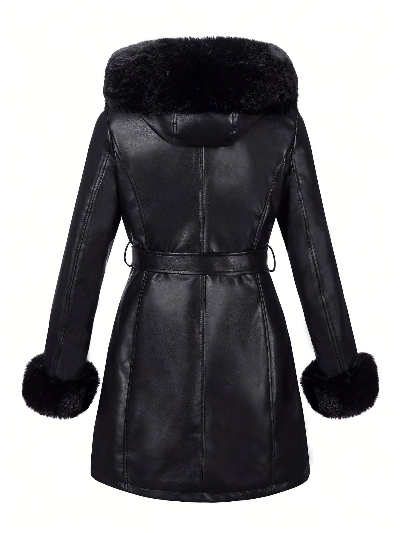 Women's Black Faux Fur Trim PU Leather Jacket with Hood Belt for Fall Winter