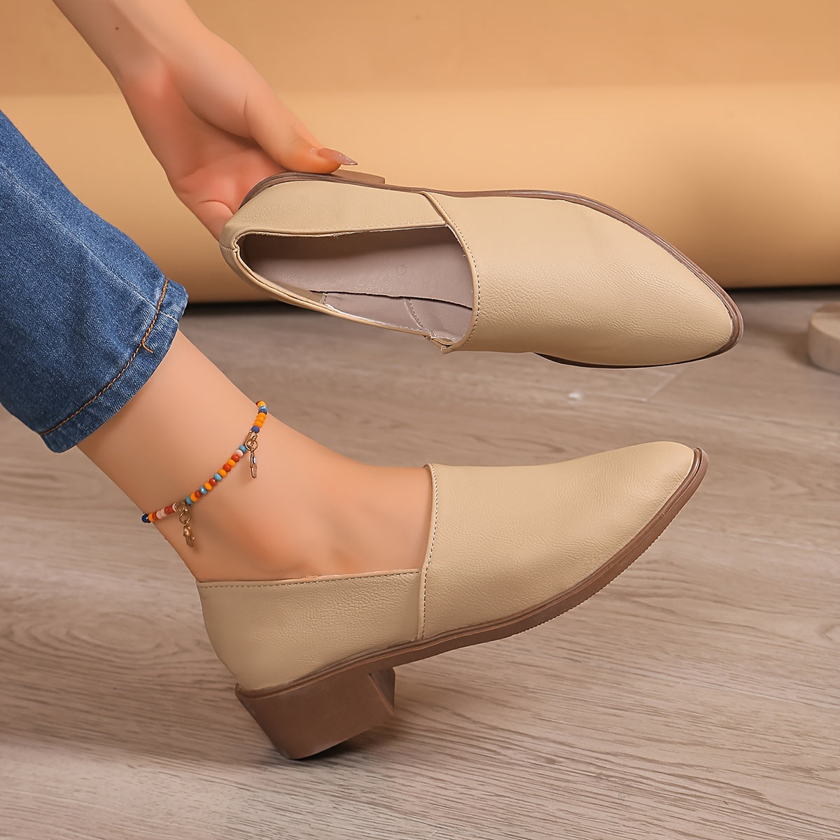 Women's Apricot Faux Leather Pointed Toe Loafers with Chunky Heel