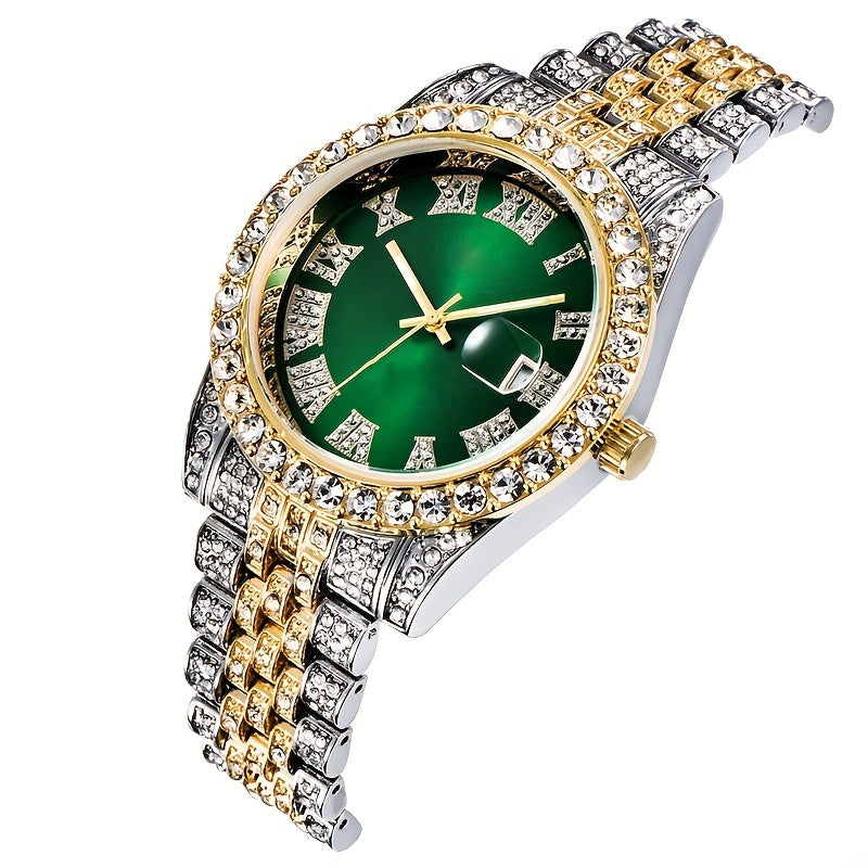 Reloj de cuarzo con correa de acero y diamante artificial de lujo con calendario para mujer