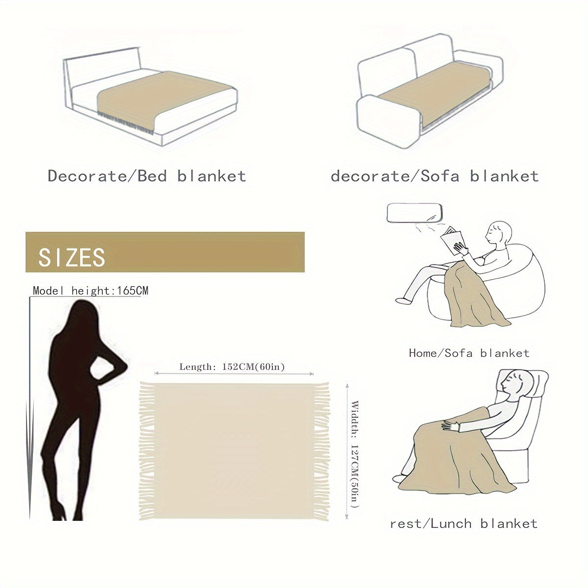 Warm Knitted Throw Blanket for Sofa Bed Car All Seasons with Tassels