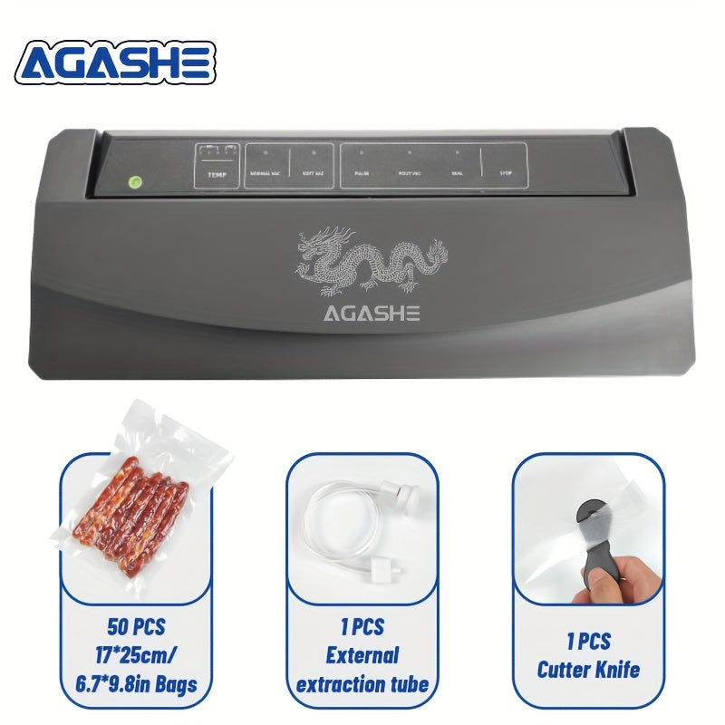 -85Kpa kuchli yopish kuchiga ega vakuum yopishtiruvchi mashina, Xitoy ajdarha uslubi, 32cm sumkalar uchun avtomatik yopish va paketlash, beshta isitish rejimi, 50 dona sumka bilan birga. Model: SX-680.