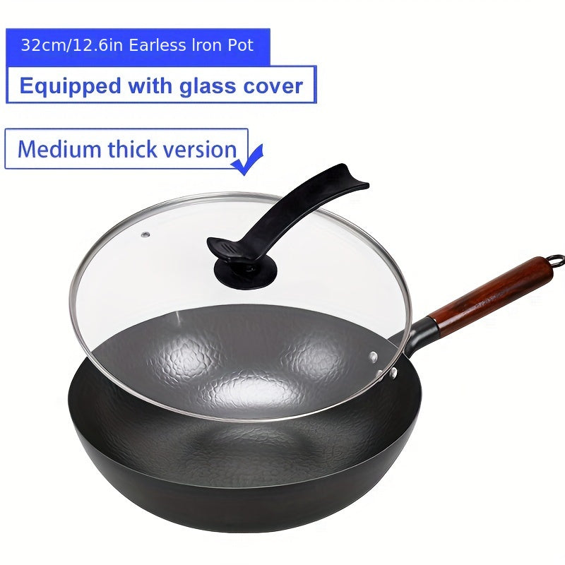 Cast Iron Wok 32cm Non-Stick Hand-Forged Stir-Fry Pan with Wooden Lid