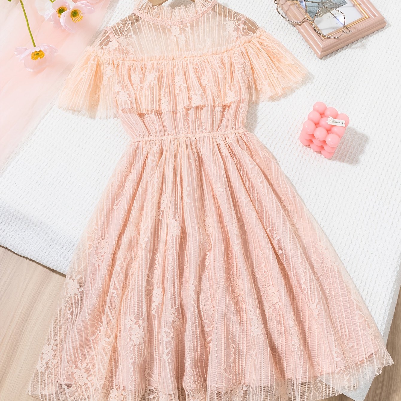 Girls Summer Dress Kids Princess Gown Lace Detail Solid Polyester Slim Fit