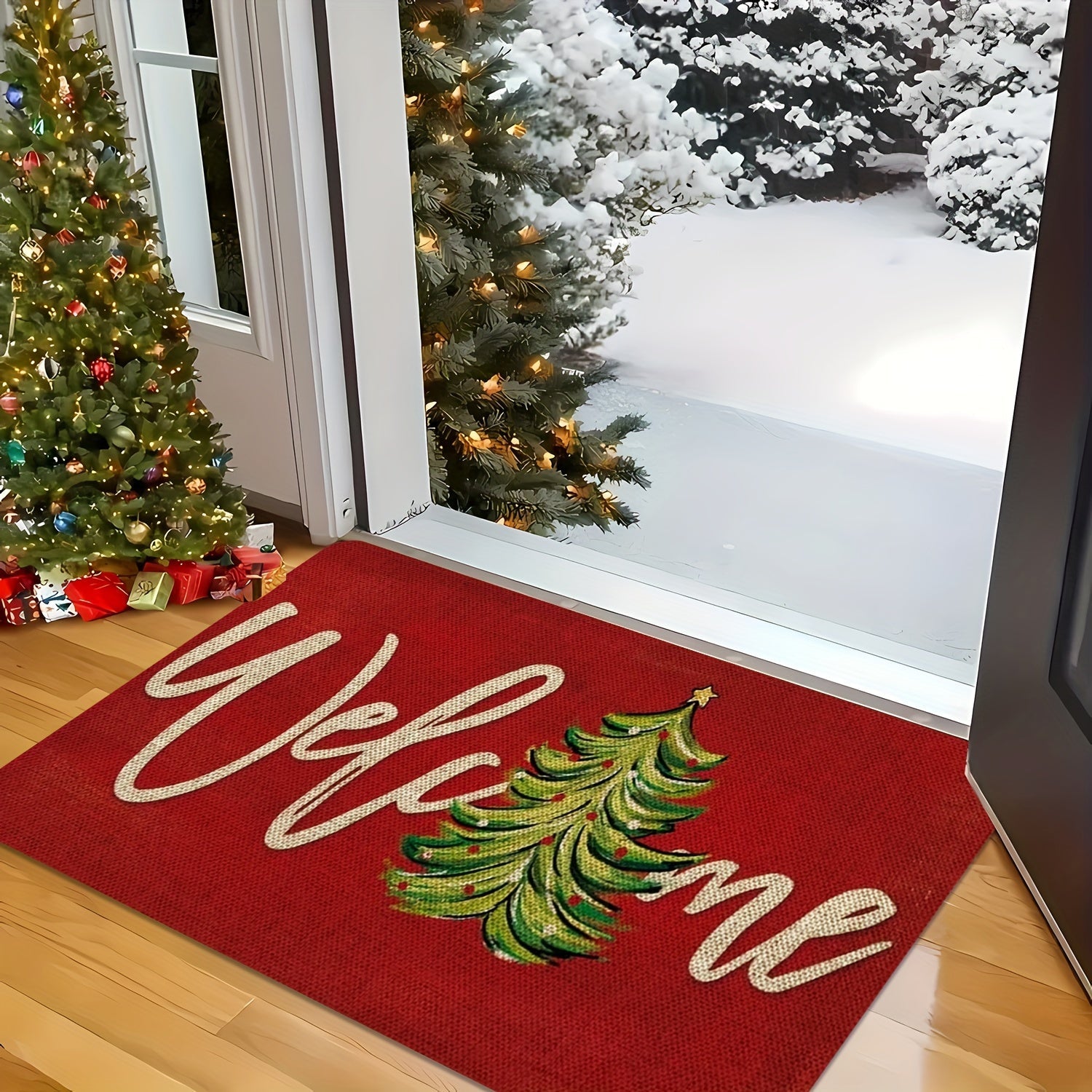 Christmas Doormat Red Polyester Non-Slip Waterproof Stain-Resistant