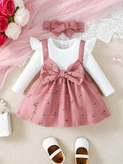 Baby Girl Floral Dress with Flared Sleeves and Bow, Polyester, Spring Summer