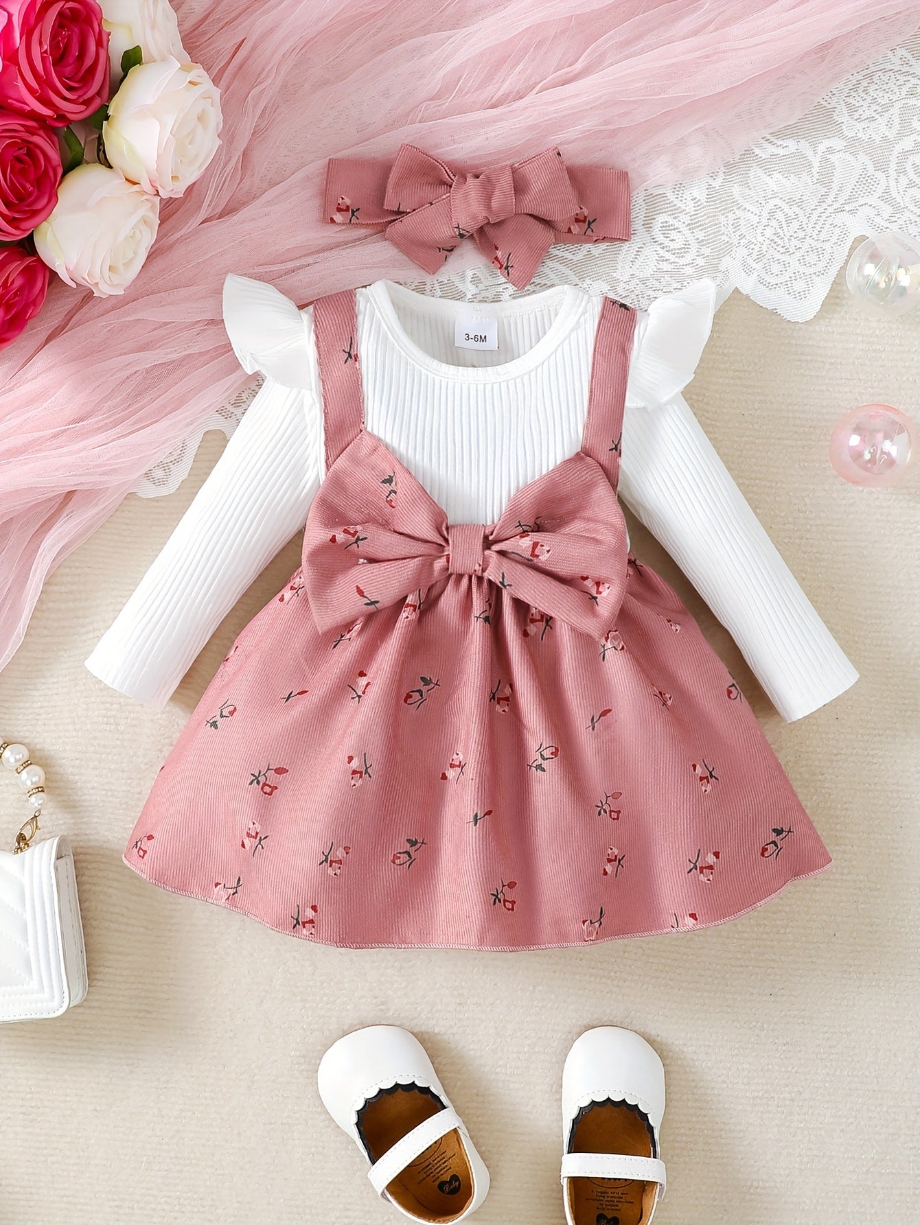 Baby Girl Floral Dress with Flared Sleeves and Bow, Polyester, Spring Summer