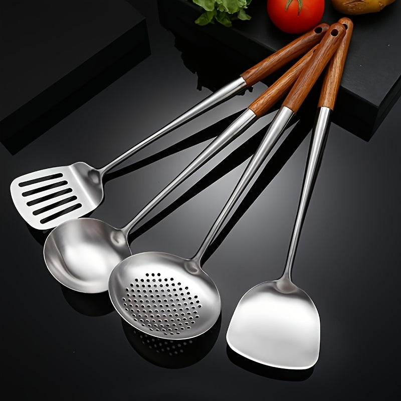 Set of 4 Stainless Steel Wok Utensils with Wooden Handles, 43cm Long, Heat-Resistant