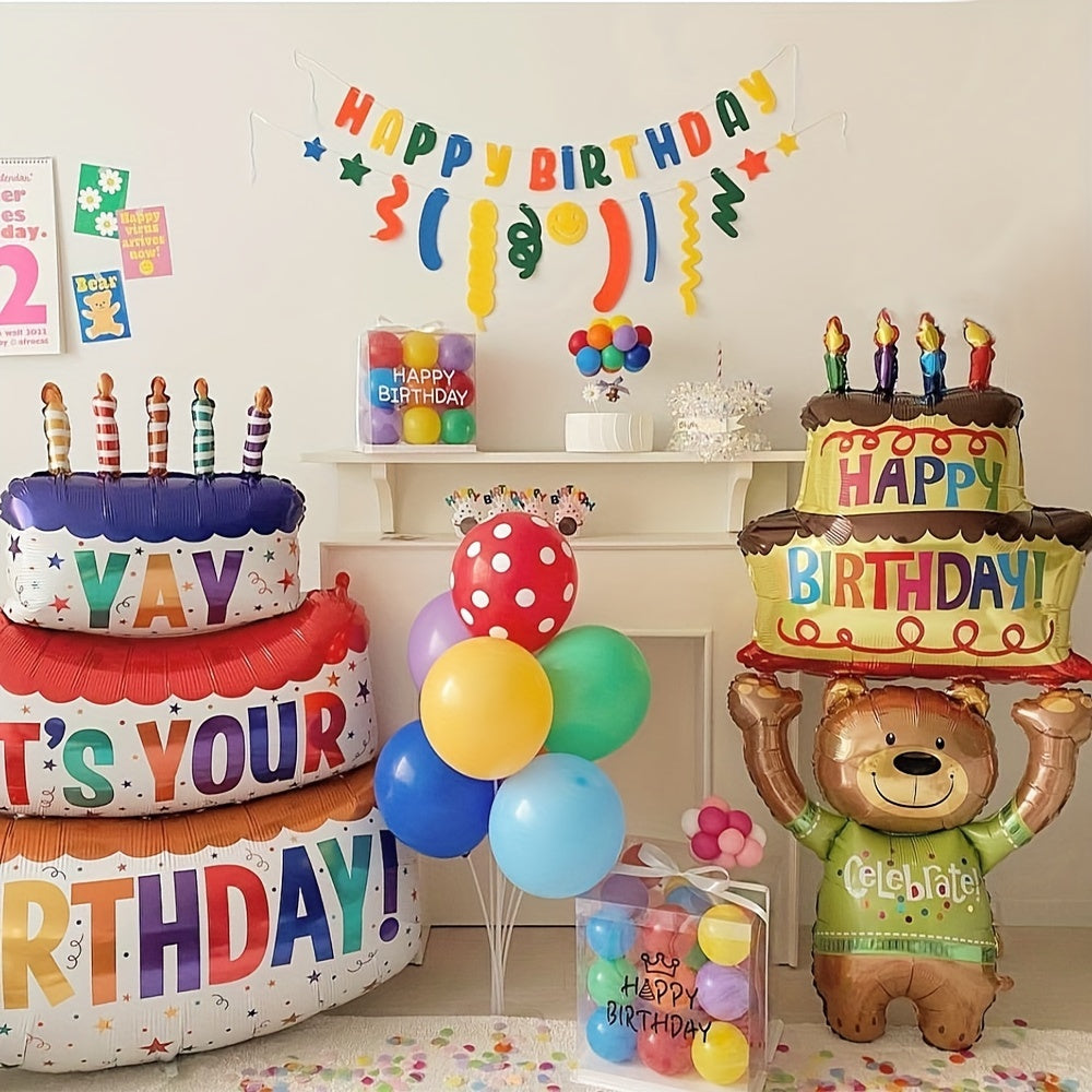 Giant 101.6cm Happy Birthday Cake Balloons with Bear Design Aluminum Foil Decorations