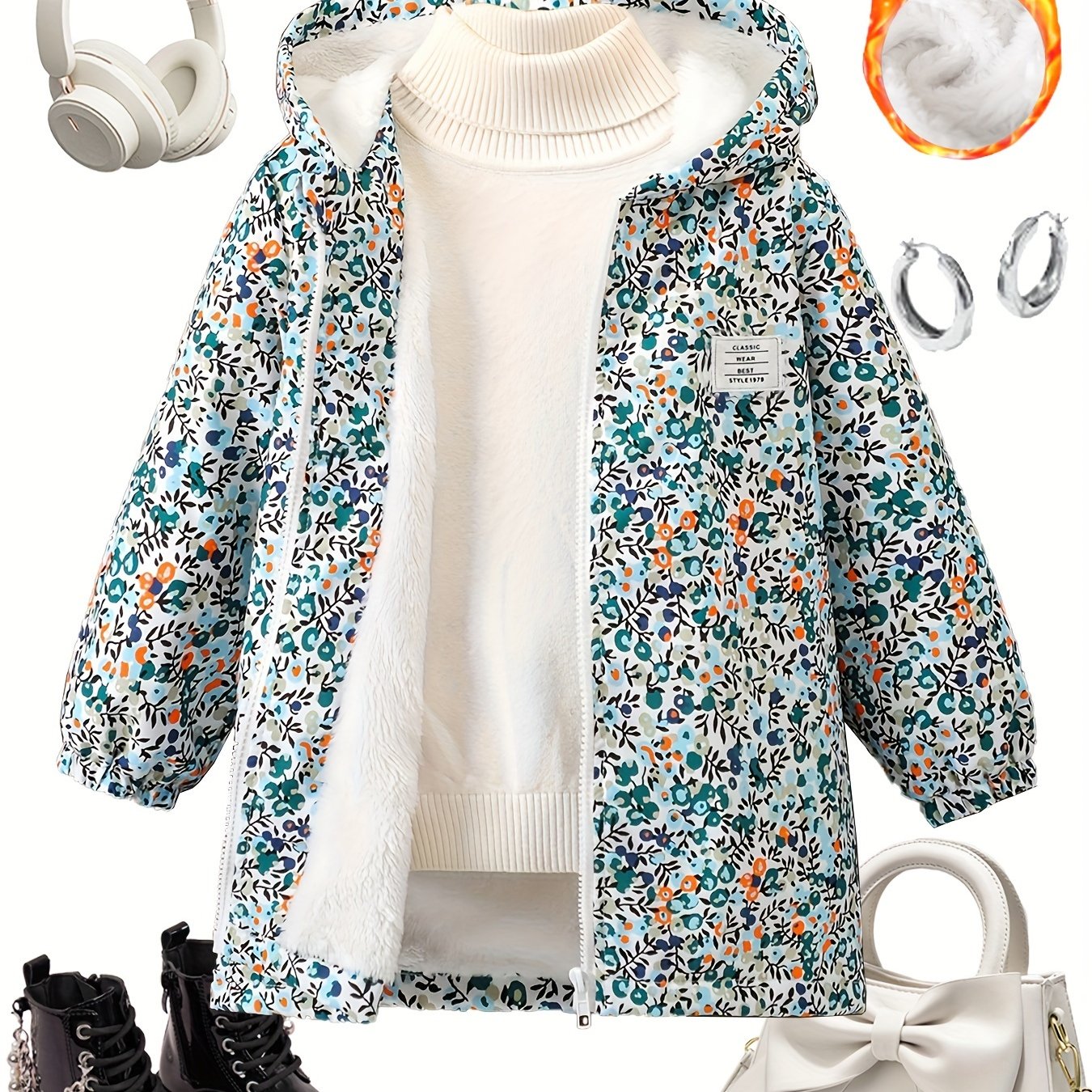 Chaqueta con capucha casual para niños con forro de felpa y estampado aleatorio para otoño e invierno