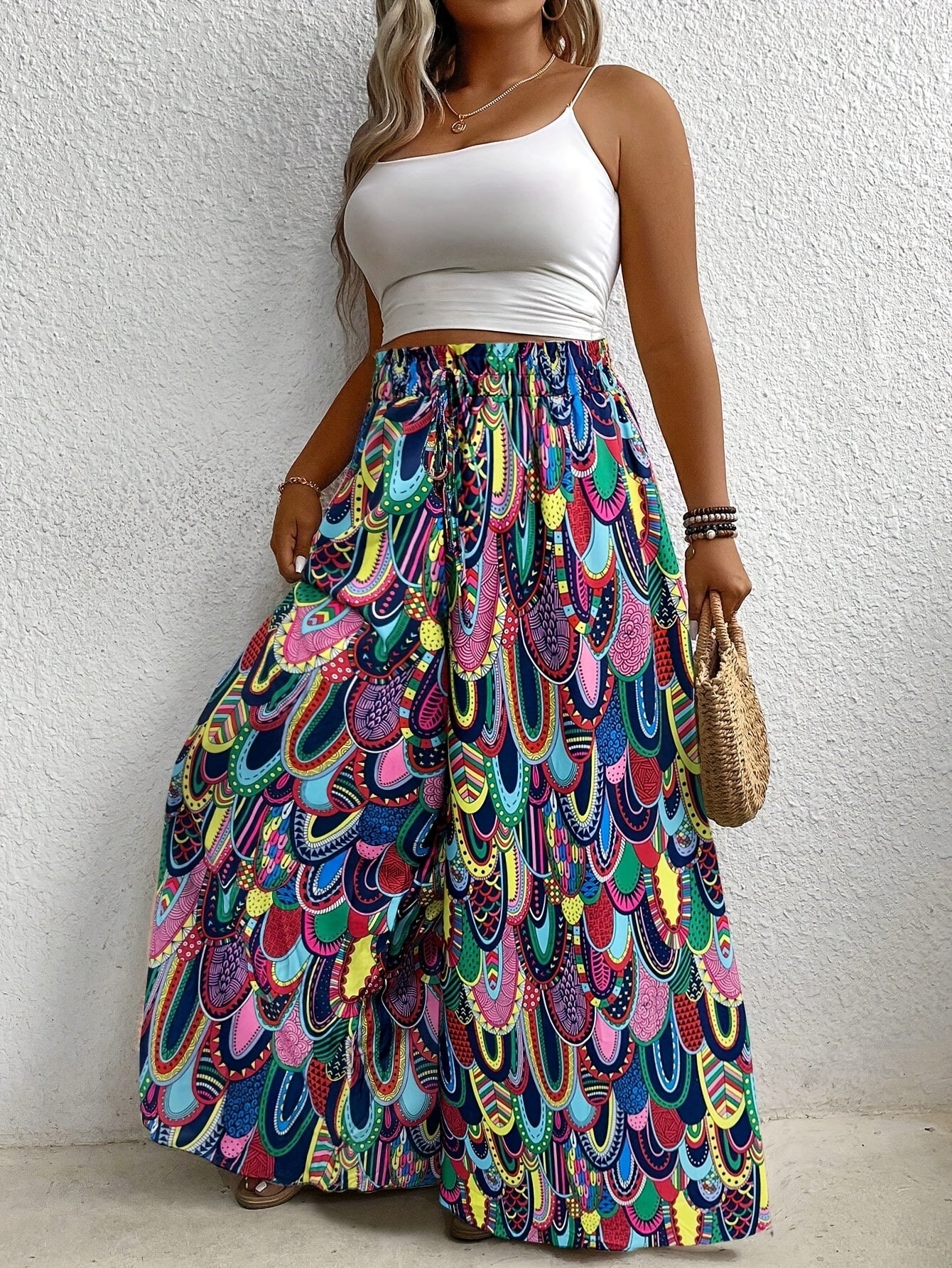 Women's Wide-Leg Beach Pants with Paisley Print Elastic Waist Casual