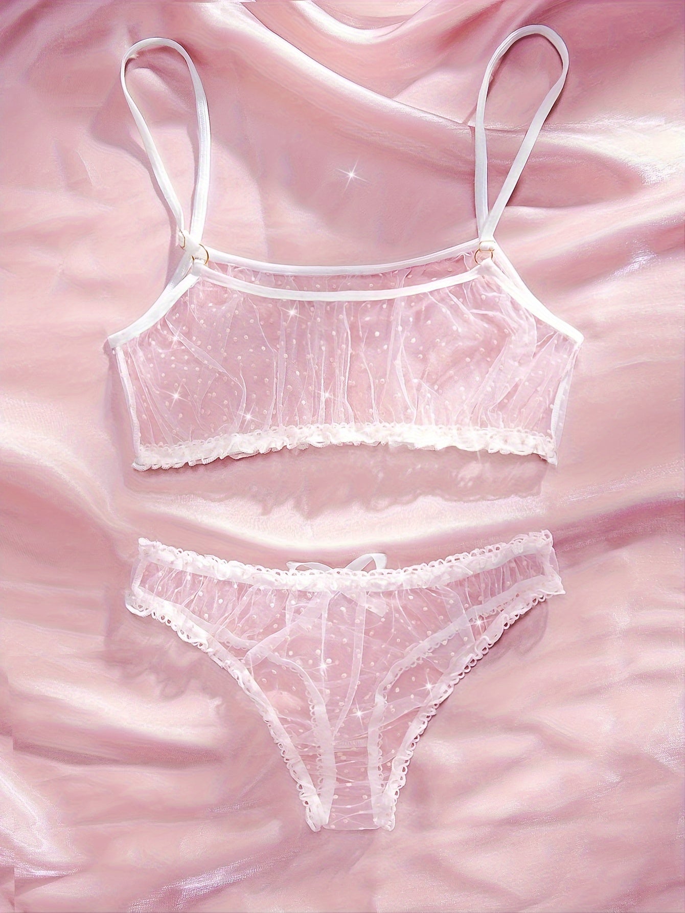 Conjunto de lencería de malla con flocking y lunares, sujetador revelador y braguitas con lazo
