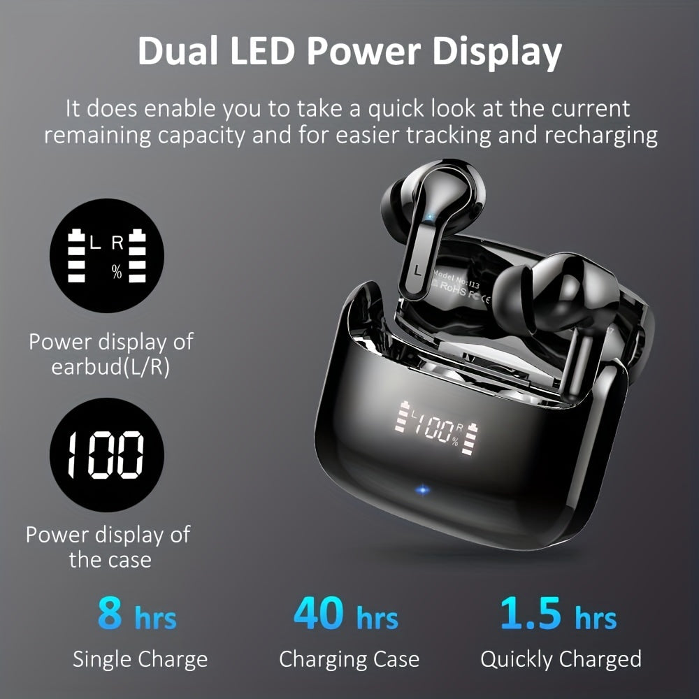 Wireless Earbuds with Stereo Bass Dual Microphone 40H Call USB-C LED Display
