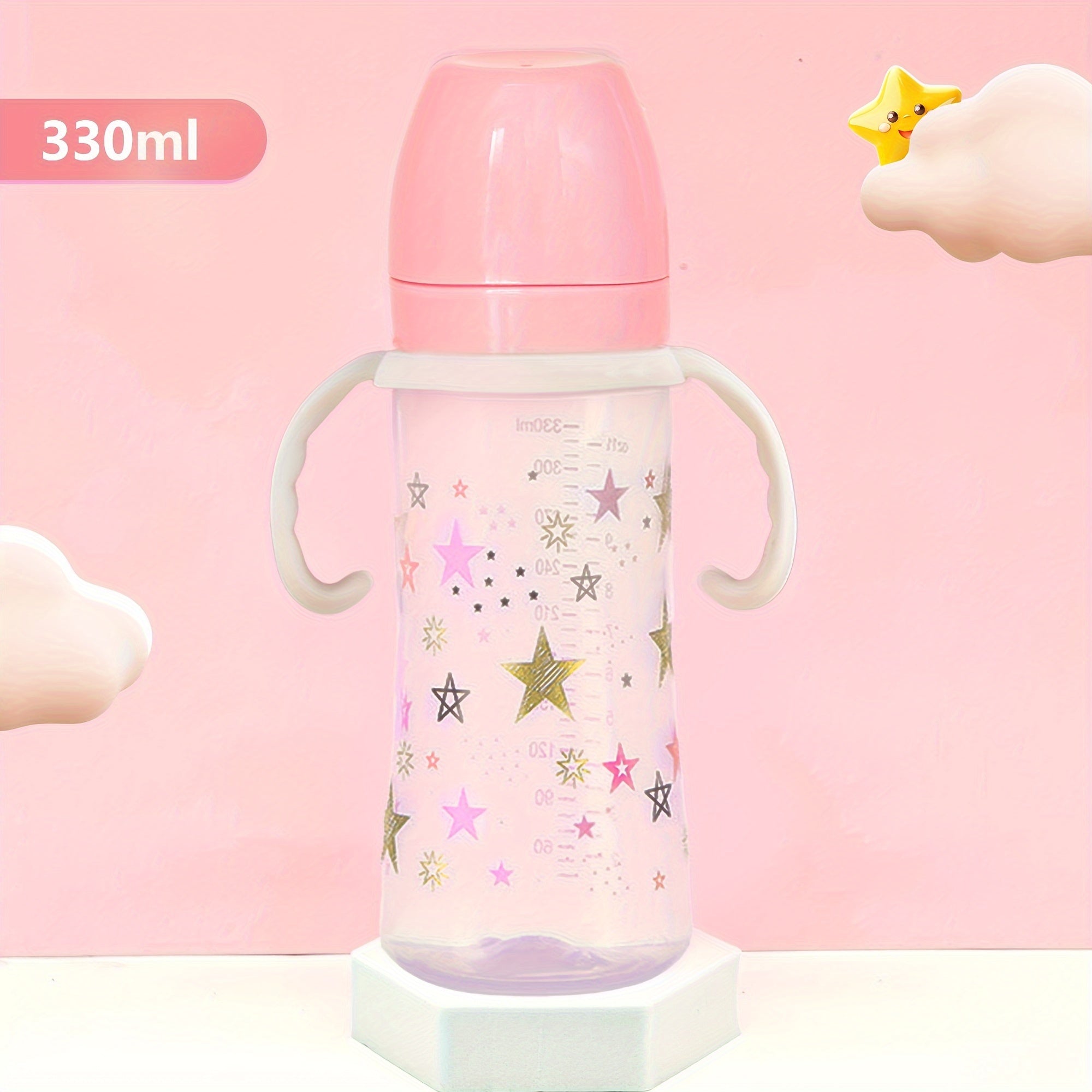 330 мл бутылка большого объема с широким диаметром, ручками и ударопрочным материалом PP. С рисунком в виде мультяшной звезды, это идеальная бутылочка для кормления для младенцев.