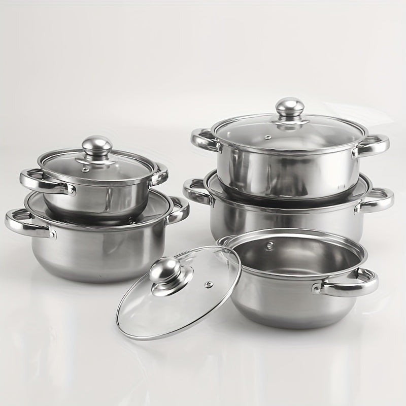 Stainless Steel Cookware Set 10 Pieces with Glass Lids for Home and Camping