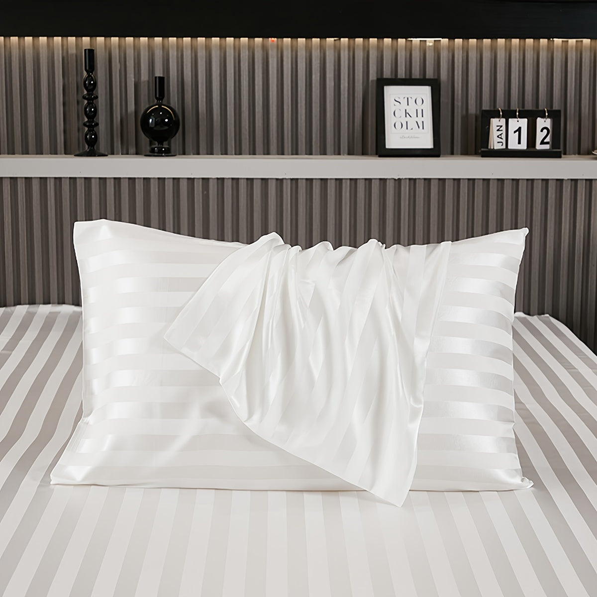 Set of 4 Satin Pillowcases with Stripes and Solid Colors, Soft and Machine Washable