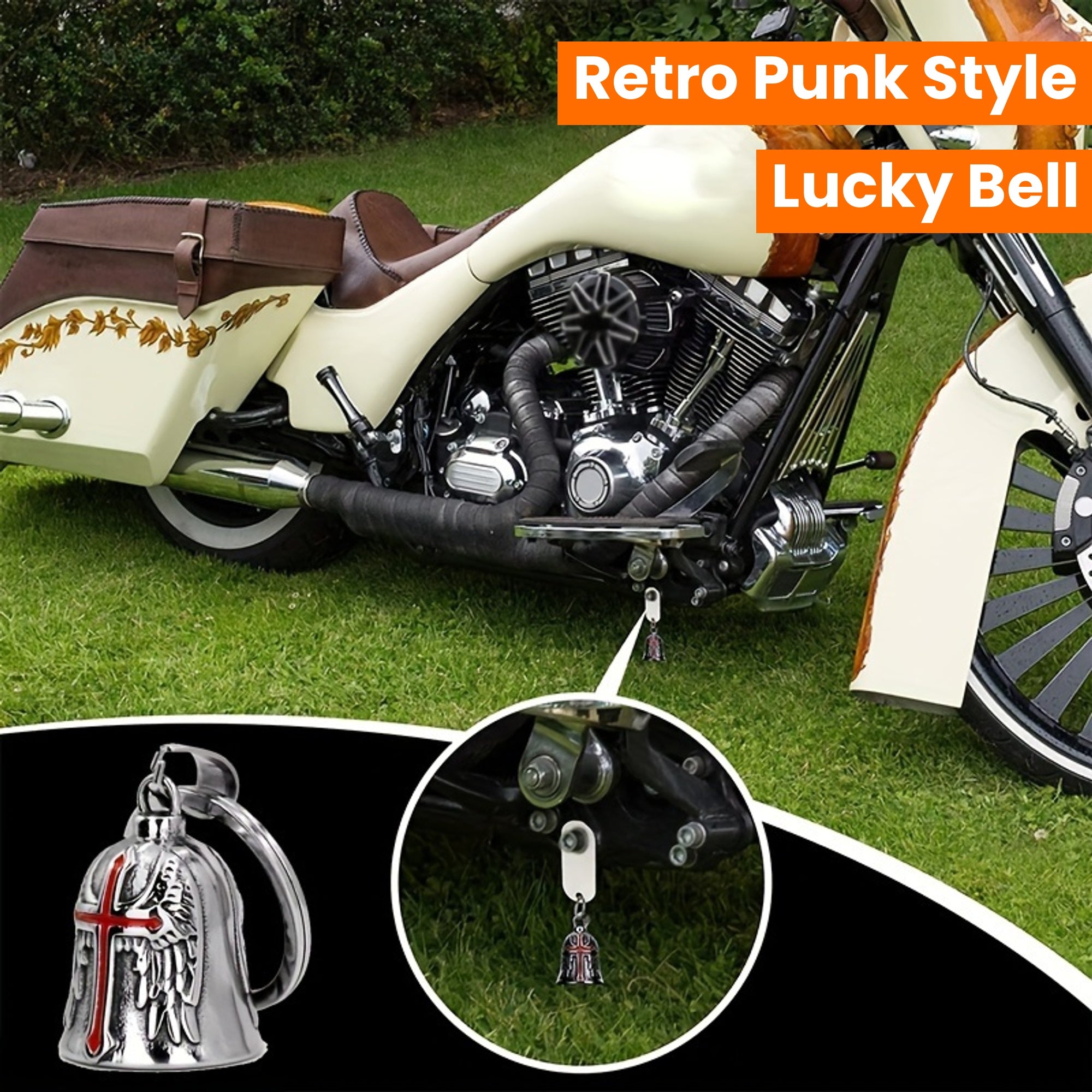 Campana de guardián de estilo punk retro para hombres, colgante de motocicleta, cruz, ala de ángel, metal