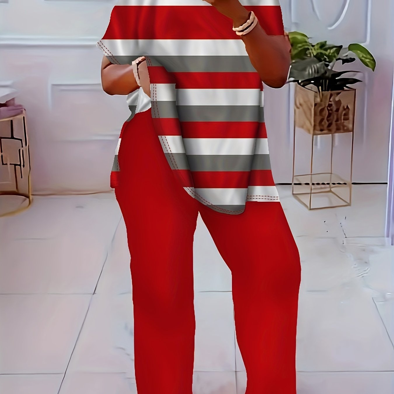 Plus Size Striped Co-ord Set Polyester Knit Crew Neck Straight Leg Casual