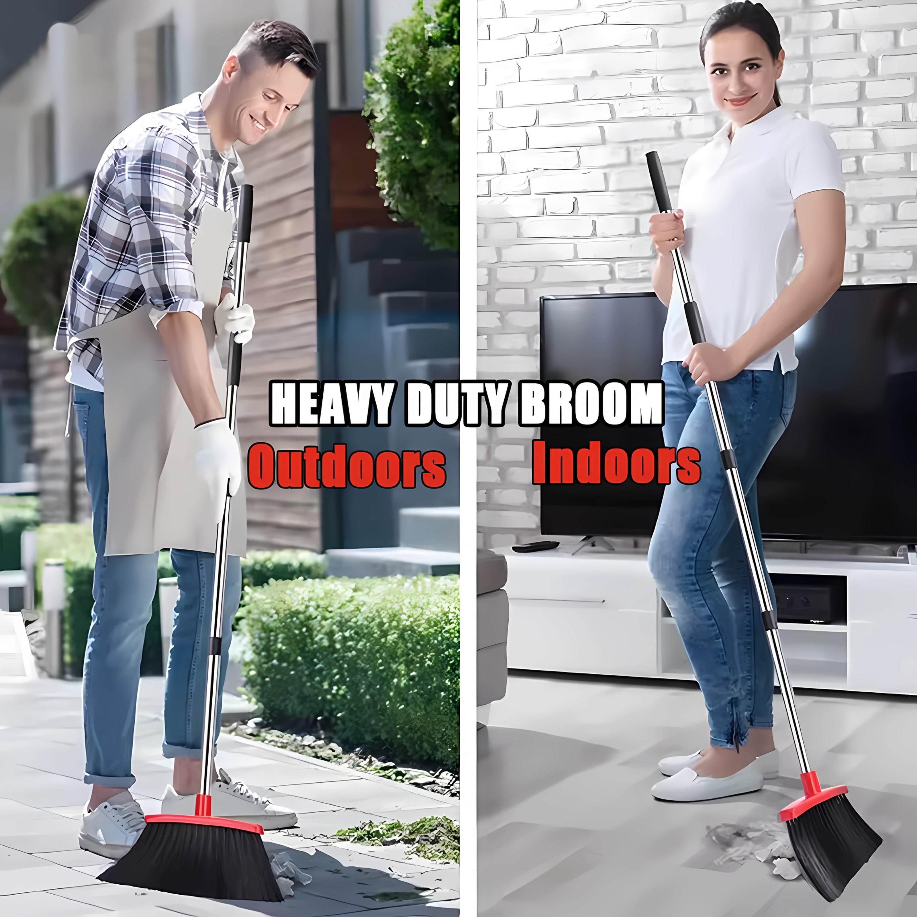 Conjunto de escoba y recogedor de múltiples superficies en negro y rojo con dientes autolimpiables