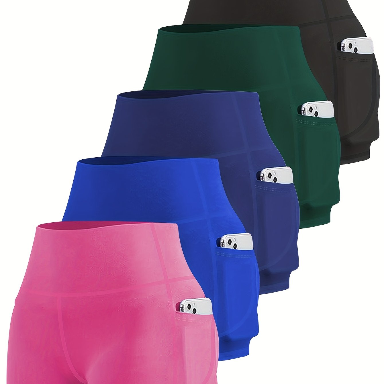 Ayollar uchun kattaroq o'lchamdagi yuqori belli yoga shorti to'plami, 5 ta, chuqur cho'ntaklar bilan