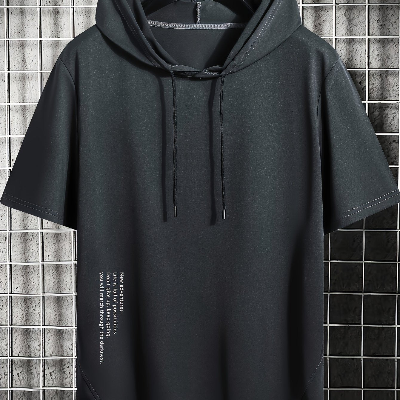 Men's Summer Casual Hooded T-Shirt with Asymmetrical Alphabet Print Short Sleeve Knit Fabric