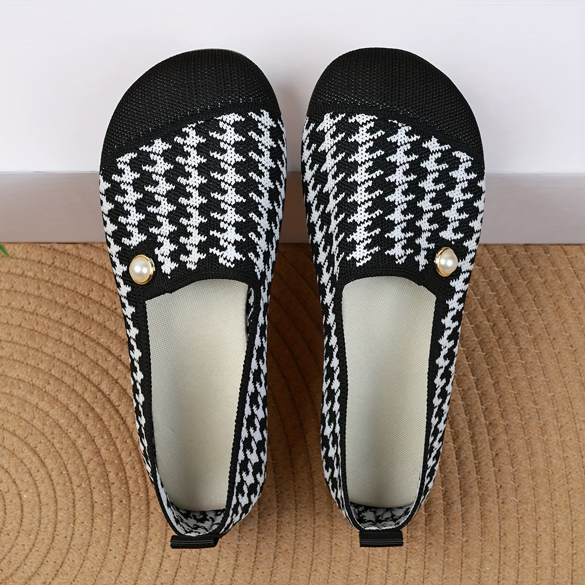 Women's Houndstooth Slip-On Flats Breathable Fabric All-Season Shoes