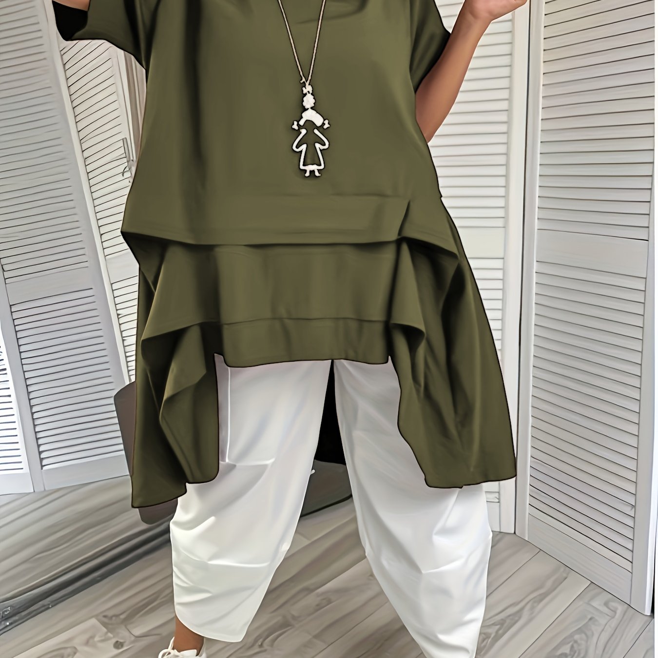 Plus Size Women's Casual Loose-Fit Cropped Short Sleeve Top Black Multi-Layer Hem