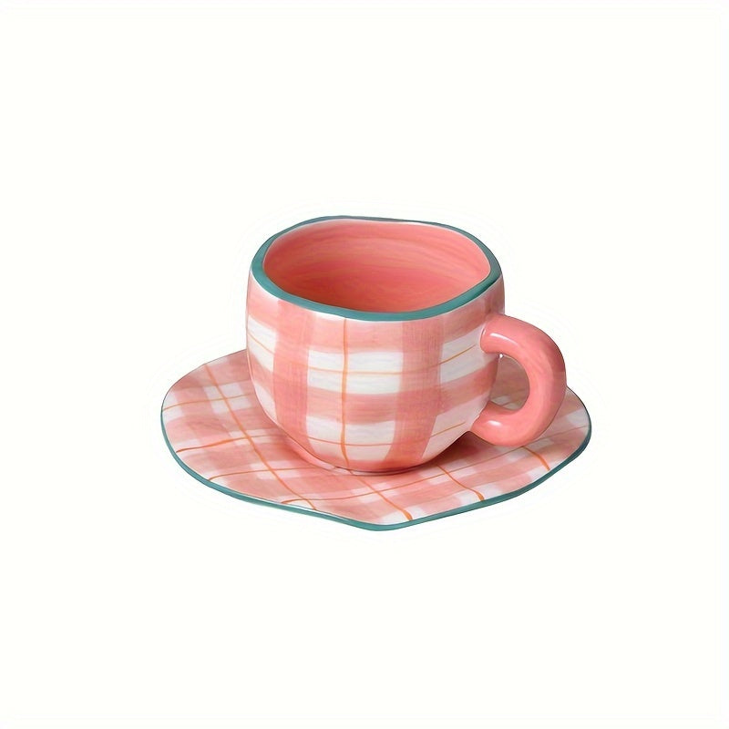 Handcrafted Ceramic Coffee Mug and Saucer Set with Whimsical Patterns Reusable and Recyclable