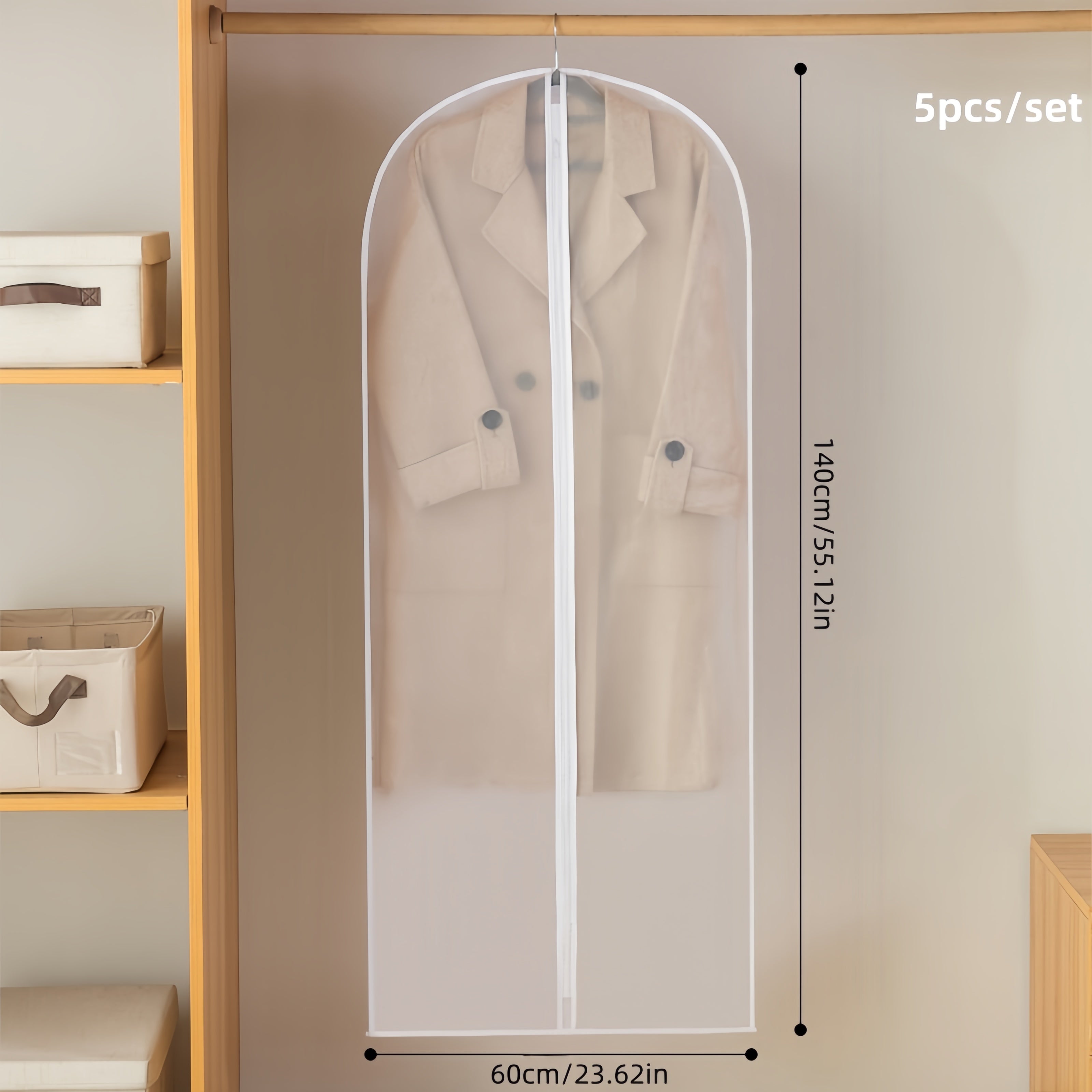 Set of 5 Clear Garment Dust Covers for Hanging Clothes Storage Moisture-Proof Washable