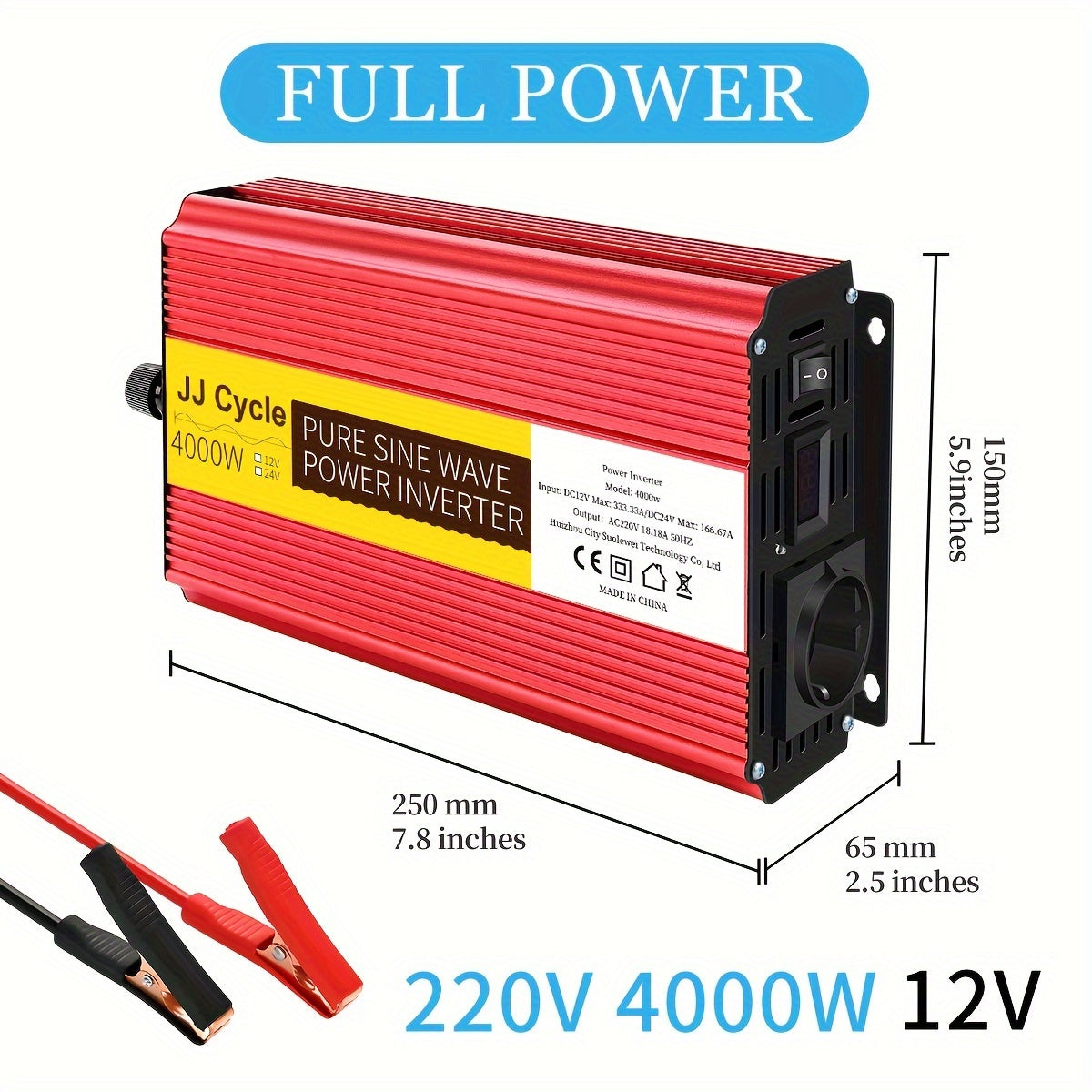 5000W Pure Sine Wave Inverter DC 12V/24V to AC 220V 50Hz Car Power with EU Plug