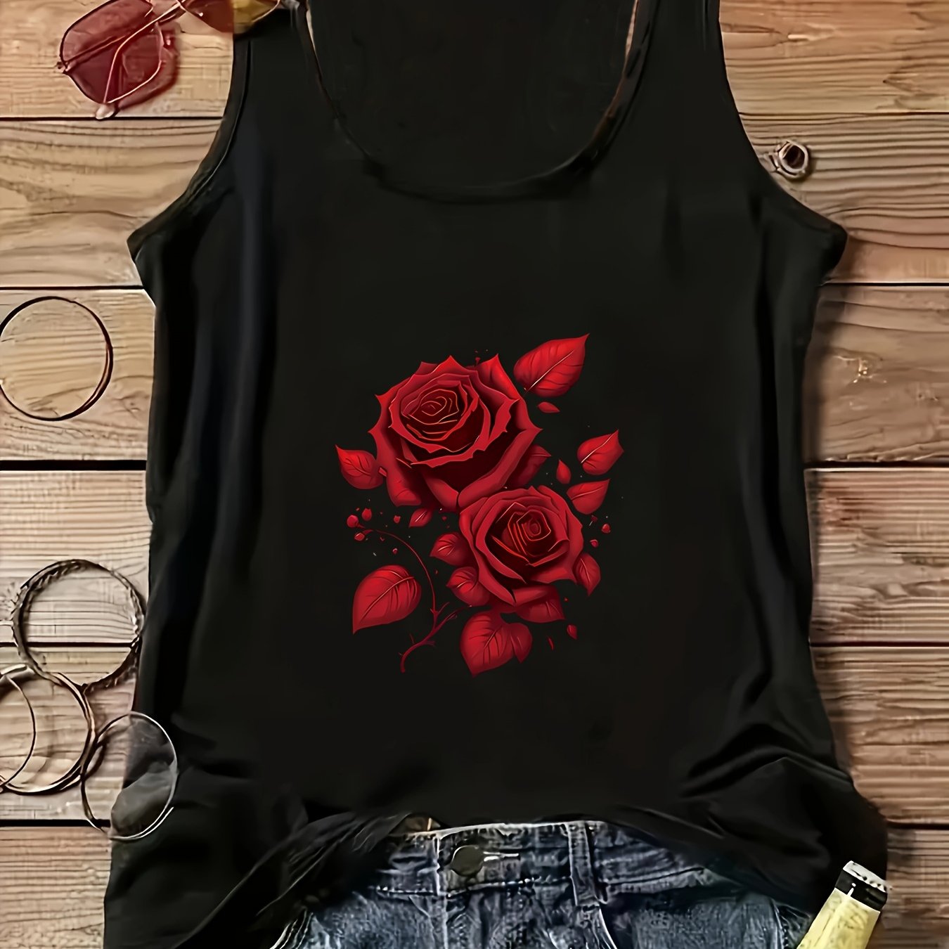 Топ без рукавов и с открытыми плечами для женщин больших размеров, черный с принтом красной розы, летняя пляжная майка