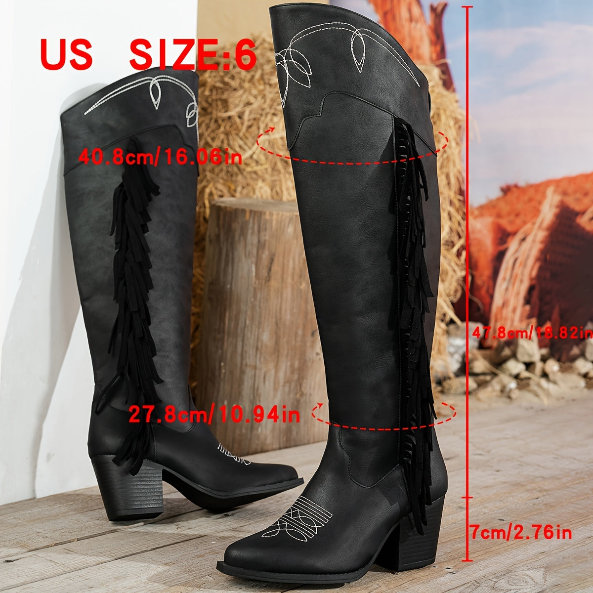 Women's Over-the-Knee Tassel Riding Boots with Block Heel and Fabric Lining