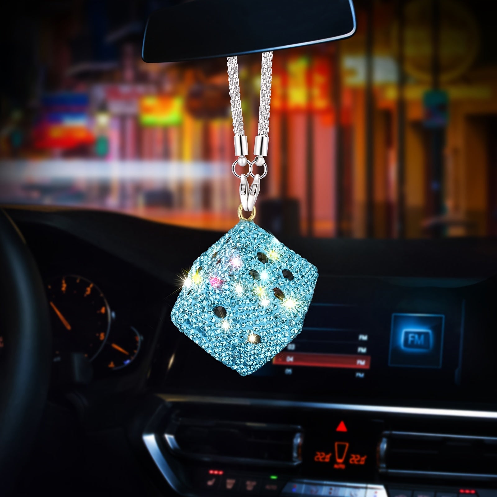 Unisex Stainless Steel Rhinestone Dice Car Rearview Mirror Pendant Auto Accessory