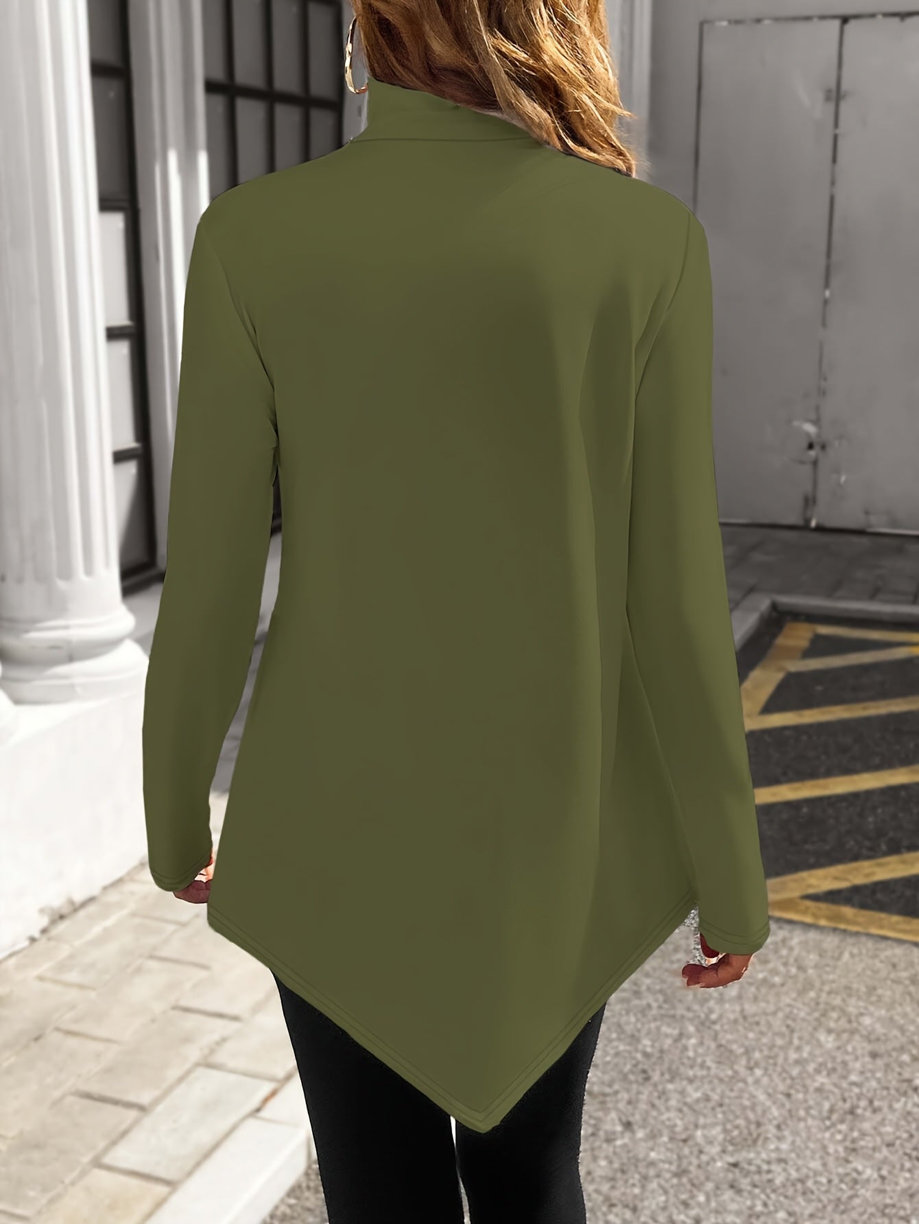 Plus Size Women's Long Sleeve Black Asymmetrical High Neck Top Casual Chic Blouse