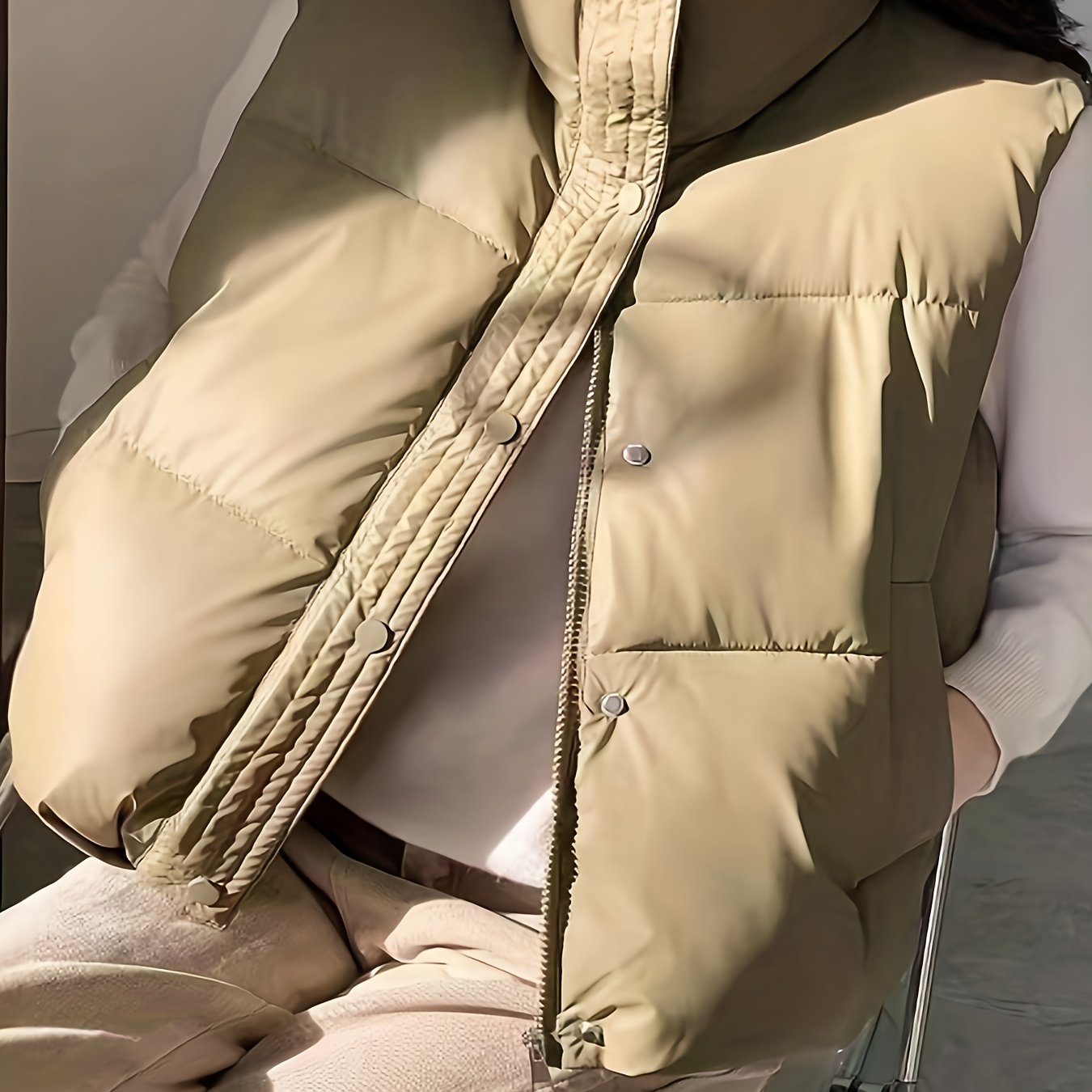 Women's Winter Sleeveless Flared Vest with Zipper and Drawstring in Solid Polyester