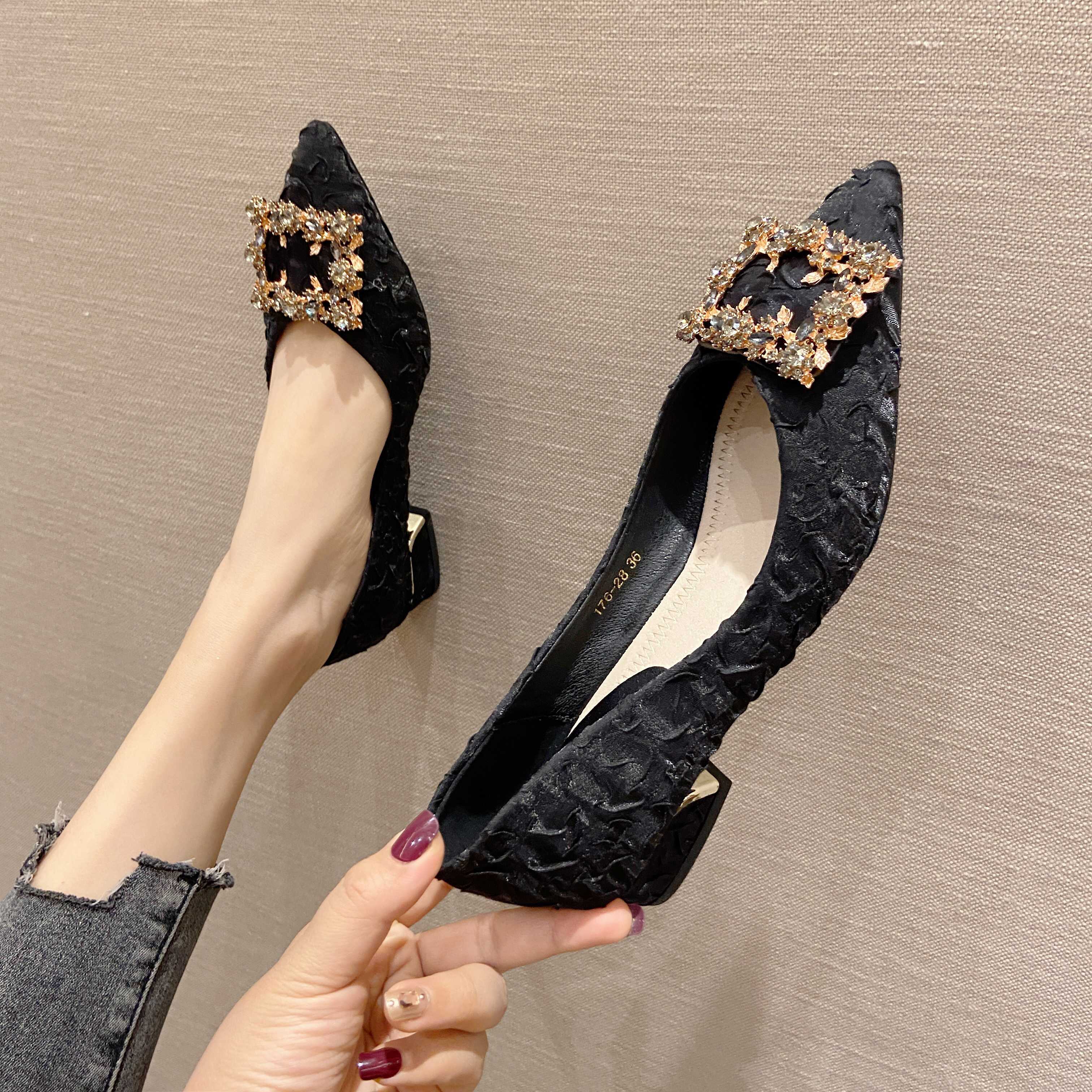 Women's Low Chunky Heel Pointed Toe Shoes with Square Rhinestone Decor