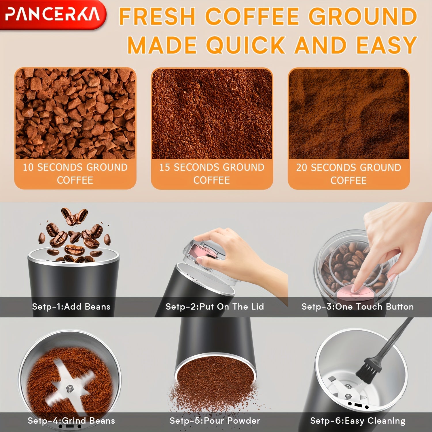 Electric Coffee Grinder Stainless Steel Blades Large Capacity Compact Black