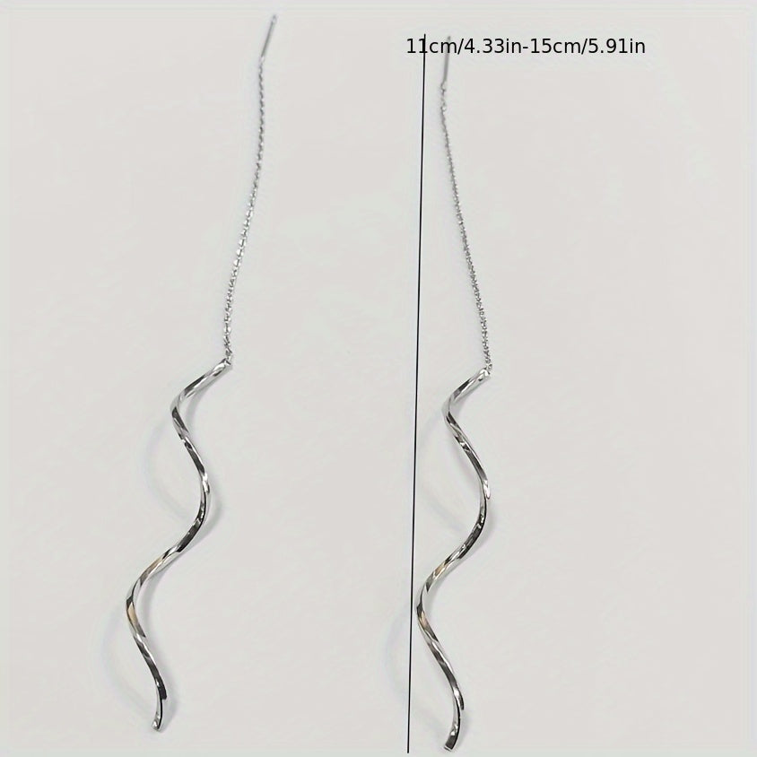 Women's Silver Simple Wave Tassel Drop Earrings Pair