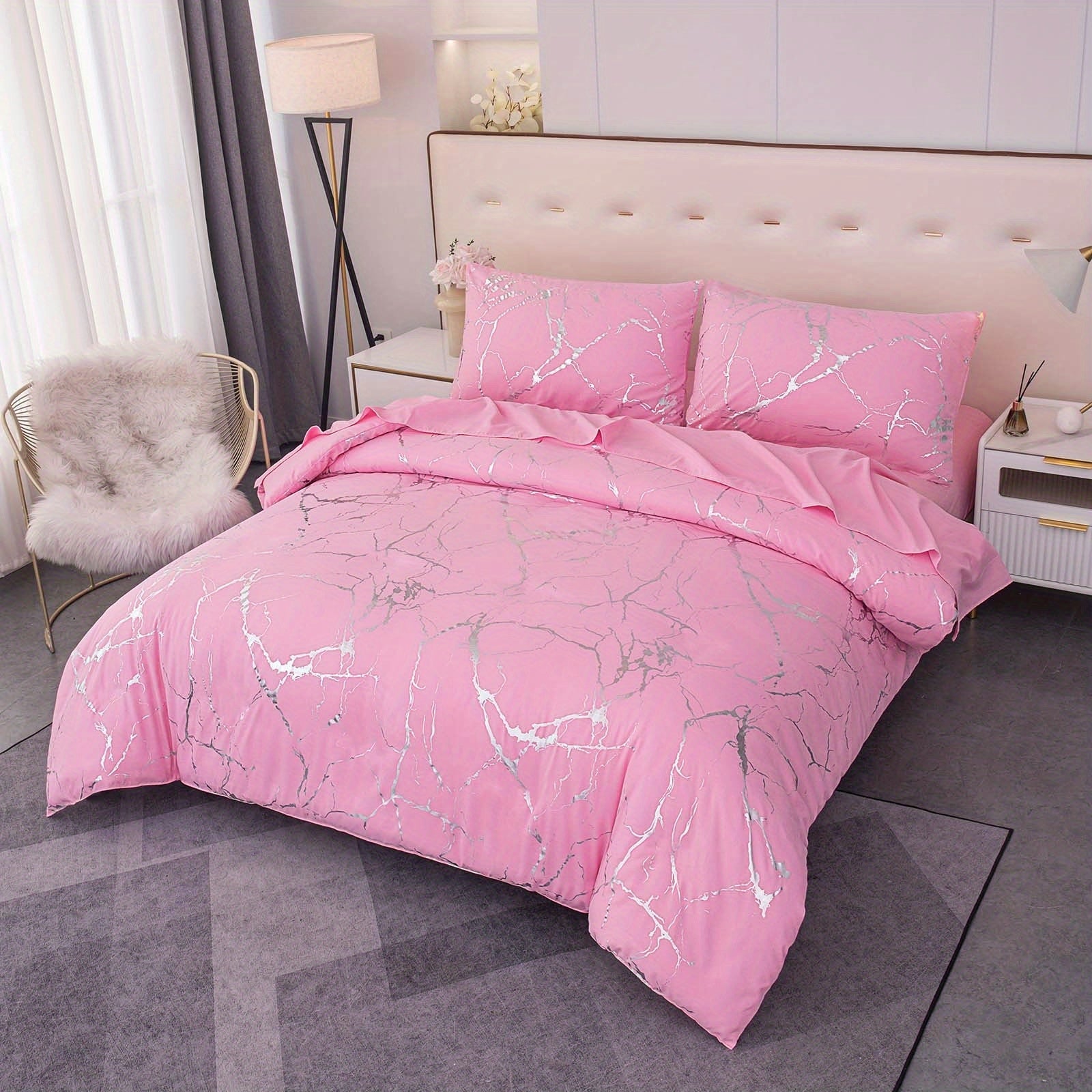 Elegant Marble Pattern Bedding Set in Pink Gray Green Blue Purple Washable Ultra-fine Fiber Duvet Cover 2-3 Piece