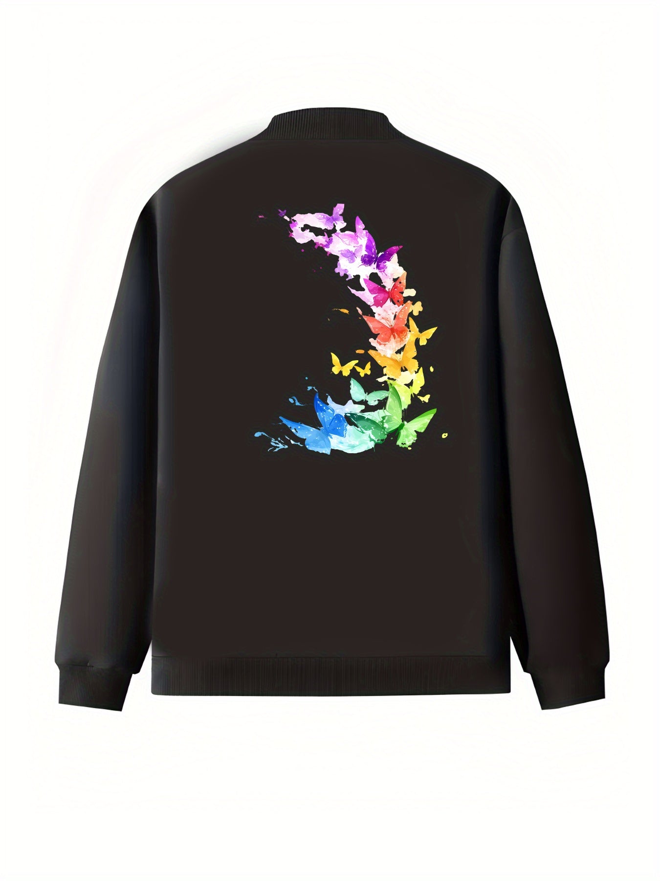 Plus Size Women's Casual Butterfly Print Baseball Collar Jacket Long Sleeve Lightweight Coat