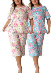 Plus-Size Floral Print Short-Sleeve and Three-Quarter Loungewear Set Comfortable
